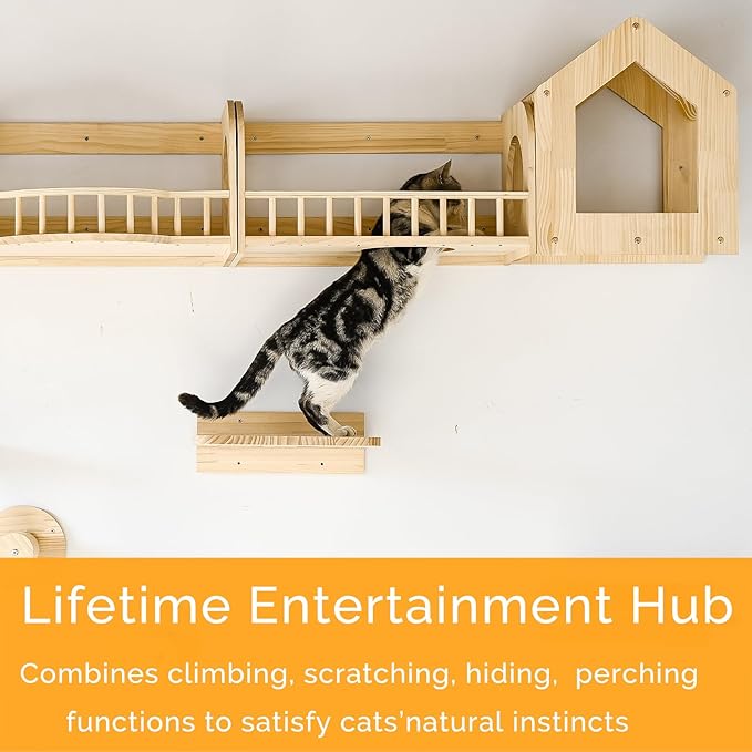 Cat Wall Shelves and Furniture Set with Condos, Perches, Bridge Ladders, Sisal Scratching Posts - Steps and Houses for Cats (D)