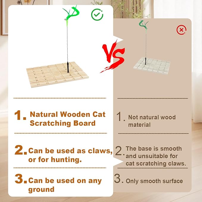 Interactive Cat Toy for Indoor Cats, Cat Scratching Board, Cat Wand Toy with Stable Wooden Base, Nail Polishing&Tooth Grinding Detachable Cat Teaser Kitty Kitten Toys Feather Spring Toy