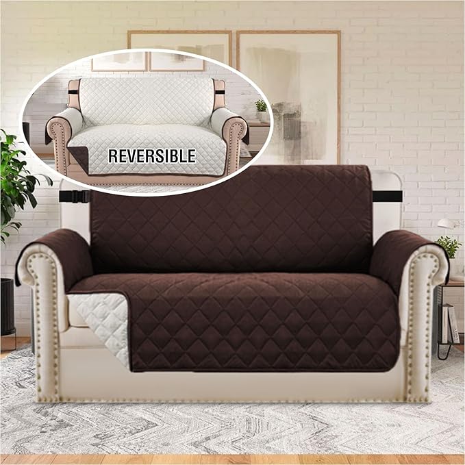 H.VERSAILTEX Reversible Loveseat Couch Cover for 2 Cushion Couch Water Resistant Loveseat Cover for Living Room Quilted Furniture Couch Cover Washable Couch Protector(Loveseat, Brown/Beige)