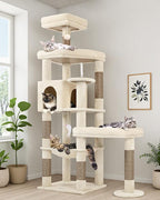 Globlazer Extra Large Platform Cat Tree, 65in Tall Sturdy Cat Tree for Indoor Cats Large Adult, Big Cat Tower for Big Cats with 3 Enlarged Perches, 6 Scratching Posts, Cat Condo, Hammock, S65, Beige