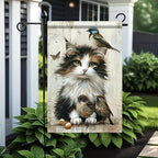 Cat and Birds Garden Flag 12x18 Inch Double Sided Outdoor Yard Banner Fluffy Kitten with Songbirds Design for Spring Summer Porch Lawn Home Decoration