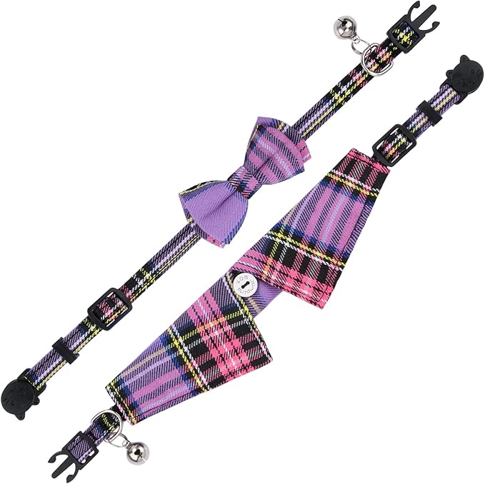 Faleela 2 Pack/Set Cat Collar with Cute Bow Tie and Bell,Breakaway Plaid Shirt Collar for Kitty Adjustable Safety