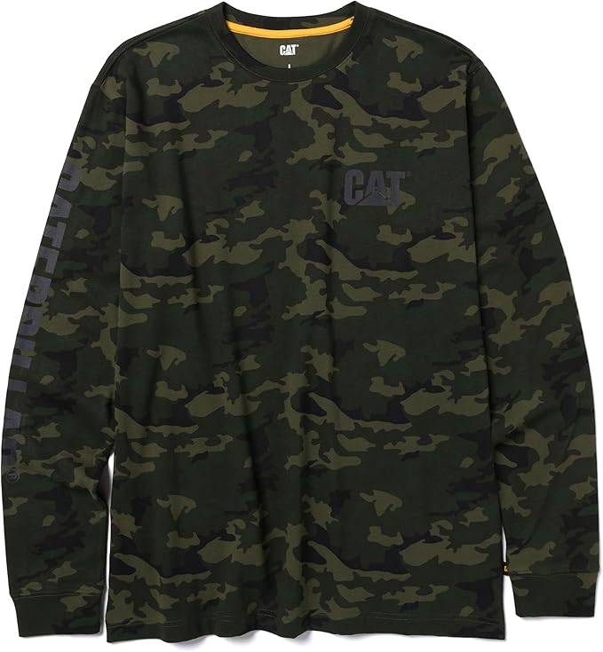 Caterpillar Trademark Banner Long Sleeve Tee Shirts for Men with Center Back Neck Wire Management Loop and Cat Workwear Logo