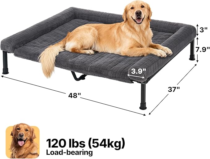 Veehoo Elevated Dog Bed Large Sized with Fluffy Plush Bolster Cushion, Washable Orthopedic Dog Couch Bed, Cooling Raised Pet Cot with Removable Mat, Breathable Mesh, No-Slip Feet, 48 x 37 inches, Grey