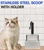 Cat Litter Scoop with Holder, Solid and Durable Metal Litter Scoop, Stainless Steel Litter Box Scooper, Heavy Duty, Black Rubber Handle