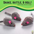 Smokey's Stash Rabbit Fur Mouse Cat Toy 12 per Pack White and Gray Fuzzy Toys for Cats with Rattle Realistic Fake mice (12)