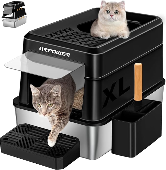 URPOWER Stainless Steel Cat Litter Box with Lid Extra Large Enclosed Litter Box for Cats Non-Sticky Metal Pan with High Sided Enclosure & Scoop, Front & Top Entry, Anti-Leakage, Easy Cleaning