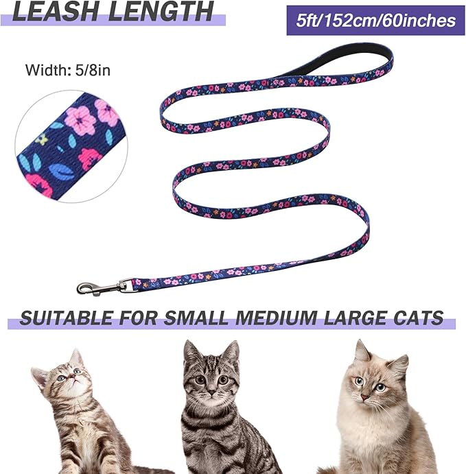 Hikiko Cat Harness and Leash Set Escape Proof Adjustable Walking Travel Cute Kitten Harness for Small Medium Large Cats (Navy Blue Floral, M)