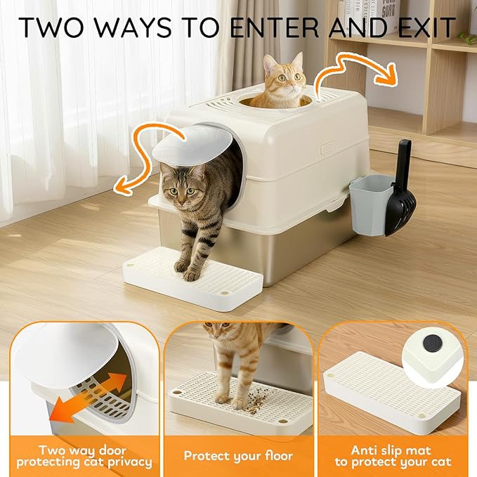 Cat Litter Box with Lid,Extra Large Enclosed Removable Cat Litter Boxes ，Stainless Covered，Top Entry Metal Kitty Litter Box with Cover.High Sided Enclosure with Scoop-White
