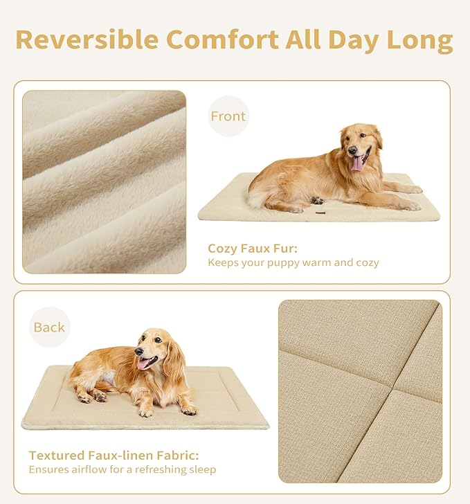 Made4Pets Dog Crate Pad Bed for Large Dogs, Washable & Reversible, Anti-Slip Kennel Mat for Cozy Sleeping, Soft Fluffy Dog Bed for Indoor & Outdoor Use, 41"x29", Beige