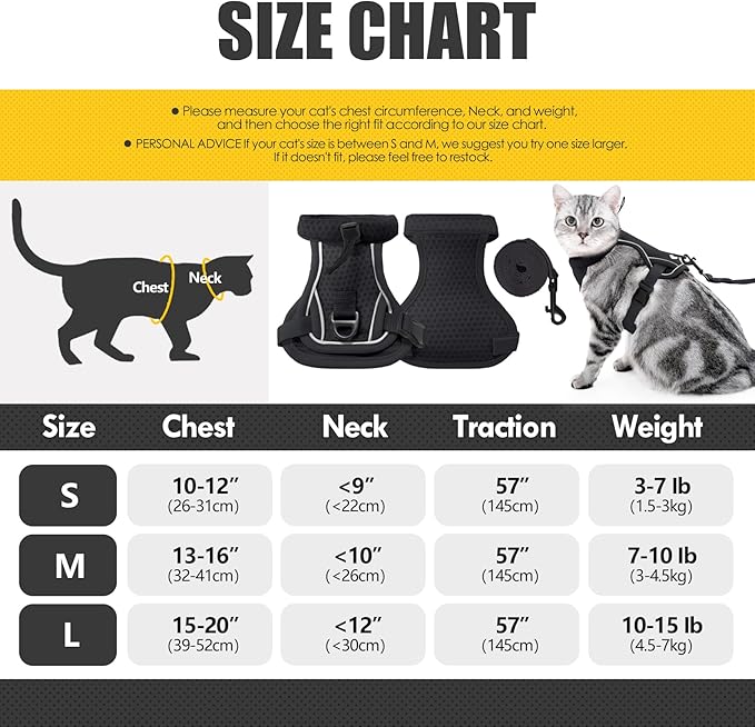 Cat Harness and Leash Set - Escape Proof, Adjustable Breathable Vest Harnesses with Reflective Strips, Easy Control & Secure Walking for Small Medium Large Cats Kitten Collar (Black, Small)
