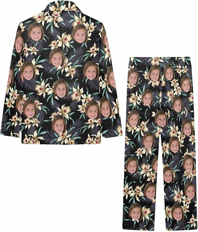 Artsadd Girls Pajamas Set Custom Face Pet Photo Long Sleeve Sleepwear Personalized Printed V-Neck Button-up Pants Nightwear