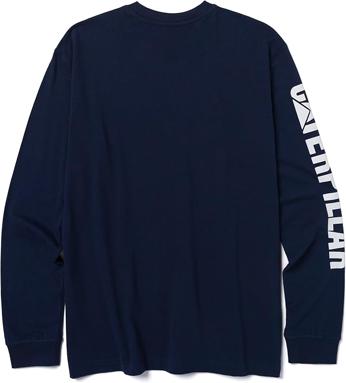 Caterpillar Trademark Banner Long Sleeve Tee Shirts for Men with Center Back Neck Wire Management Loop and Cat Workwear Logo