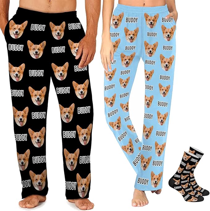 MyPupSocks Custom Pajama Pants for Pet Lover, Personalized Photo Face Printed Pajama Bottoms Sleepwear with Pockets