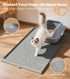 Cat Litter Mat 36x24 Inch, Silicone Litter Box Mat with Raised Edge and Diversion Groove, Waterproof Litter Trapping Mat, Easy to Clean Cat Mat for Litter Box, Grey