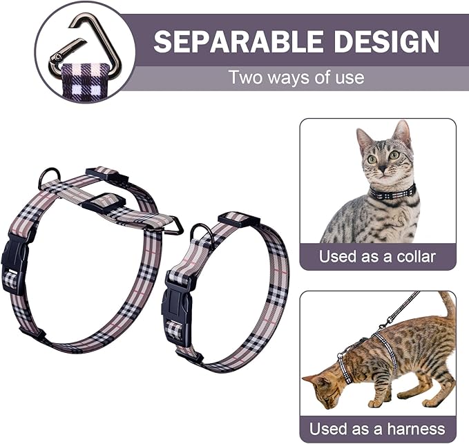 Hikiko Cat Harness and Leash Set Escape Proof Adjustable Walking Travel Soft Kitten Harness for Small Medium Large Cats (Khaki Plaid, S)