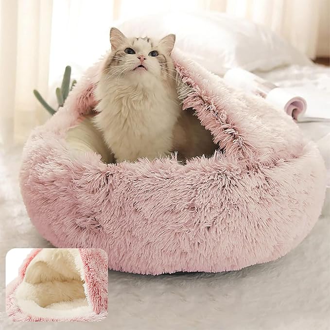 ShinHye Cozy Cat Bed - Round Plush Fluffy Hooded Cave, Indoor/Outdoor, Waterproof & Washable, Calming Anti-Anxiety Design - 23x23inch, Pink
