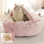 ShinHye Cat Bed Round Plush Fluffy Hooded Cat Bed Cave, Cozy for Indoor Cats or Small Dog beds, Soothing Pet Beds Doughnut Calm Anti-nxiety Dog Bed - Waterproof Bottom Washable (26×26inch, Pink)