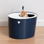 IRIS USA Cat Litter Box, Large Top Entry with Litter Catching Lid and Scoop, Dog Proof, Cat Box Enclosure, Navy/White