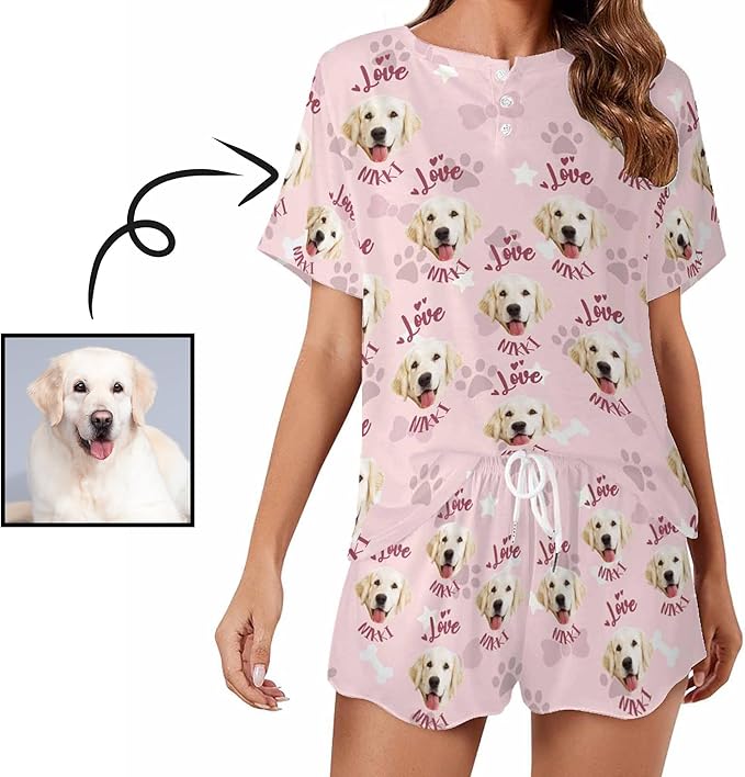 Custom Short Pajamas Set with Face Photo Women‘s Sleepwear Tee Personalized PJ Short Loungewear Set fot Her