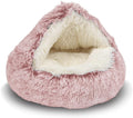 ShinHye Cat Bed Round Plush Fluffy Hooded Cat Bed Cave, Cozy for Indoor Cats or Small Dog beds, Soothing Pet Beds Doughnut Calm Anti-nxiety Dog Bed - Waterproof Bottom Washable (26×26inch, Pink)