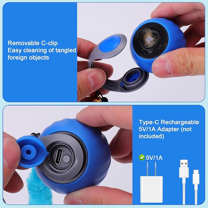 BABORUI 2Pack Blue Interactive Cat Toy Ball - Automatic Interactive Cat Toys for Indoor Cats with 3 Tails, 2 Speeds Rechargeable Enrichment for Small/Medium/Large to Keep Them Busy