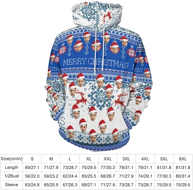 Artsadd Custom Face Unisex athletic Pockets Sweatshirt Loose Hoodie Custom Christmas Long Sleeve Sweatshirt Hooded Pullover