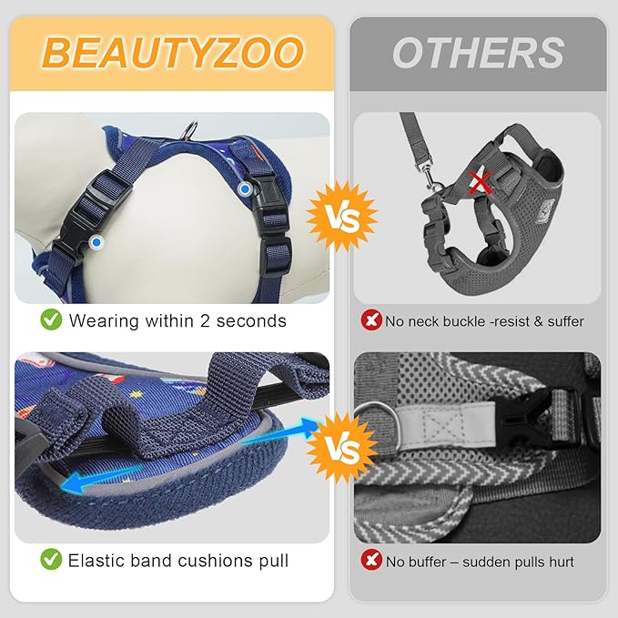 BEAUTYZOO Escape Proof Cat Harness and Leash for Walking, Soft Adjustable Cute Vest for Small to Large Cats, Reflective Breathable Easy-Control Outdoor Jacket, Kitten Harness and Leash Set, Blue, M