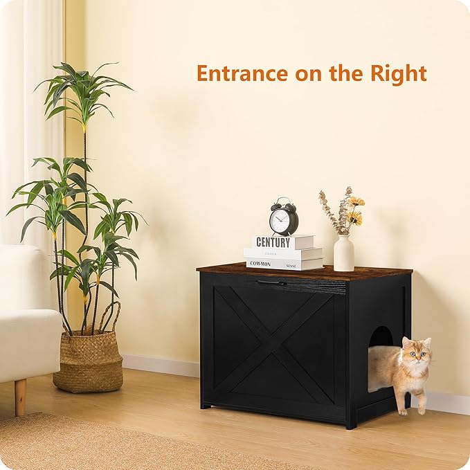 Dwanton Cat Litter Box Furniture Hidden, Cat Litter Box Enclosure, Reversible Entrance Can Be on Left or Right Side, Indoor Cabinet, Wooden Washroom, End Table, Black and Rustic Brown, 27.6" L