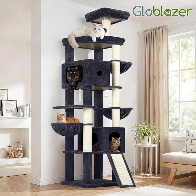 Globlazer Heavy Duty Cat Tree, 83 Inch Giant Cat Tower with 7 Scratching Posts, Multi-Level Large Cat Condo for Indoor Cats Large Adult, 2 Perchs, 3 Sturdy Hanging Baskets, Cat Toys, F83C, Dark Grey