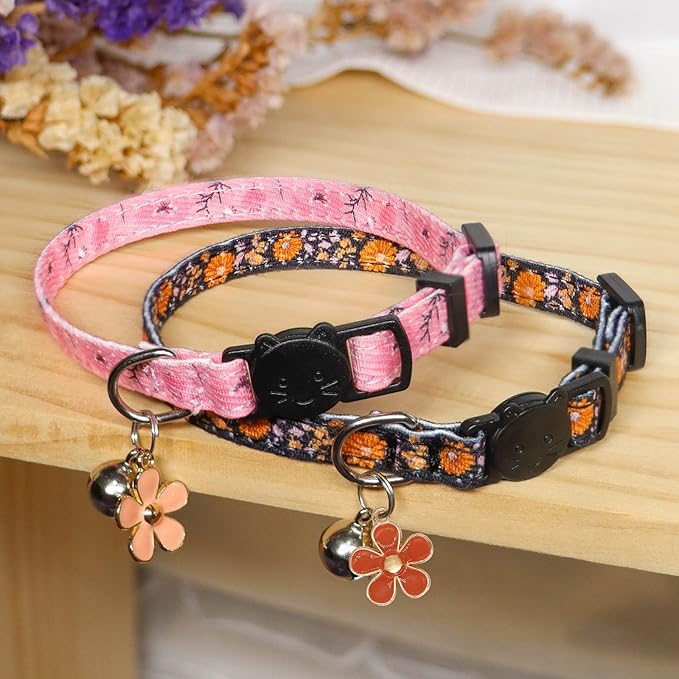 Cat Collar Breakaway, 2 Pack Cotton Cats Collars with Bells, Cute Flowers Shaped for Girl Boy Kittens, Pink and Orange