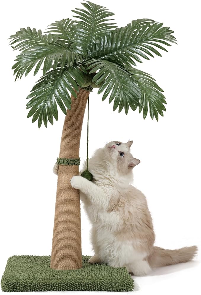 Palm Tree Cat Scratching Post, 36'' Cat Scratcher Post with Natural Sisal Rope, 3 Interactive Balls and Curved Design Scratching Posts for Indoor Cats Adults and Kittens, Multi-Combinable (Style B)