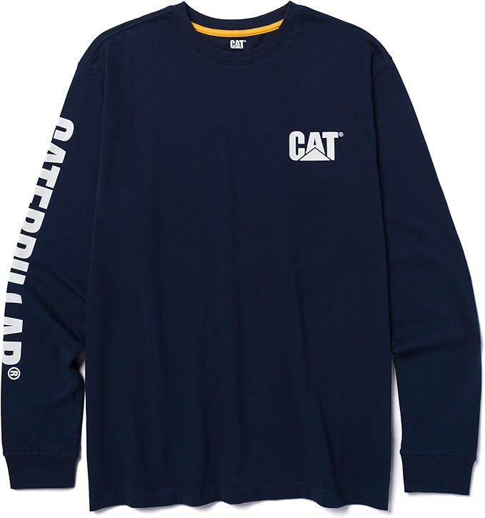 Caterpillar Trademark Banner Long Sleeve Tee Shirts for Men with Center Back Neck Wire Management Loop and Cat Workwear Logo