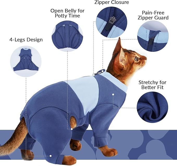 QBLEEV Cat Clothes, Soft Cat Sweaters for Cats Only, Kitten Surgery Recovery Suit Onesie Pajamas, Four Legs Cats Shirts Apparel Clothing for Hair Loss Prevention, Blue, M