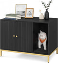 Feandrea Cat Litter Box Enclosure, Hidden Litter Box Furniture with Scratch Pad, Front Entry, Double Cabinet Doors, Modern Style, 31.5" Cat House Washroom Side End Table, Black and Gold