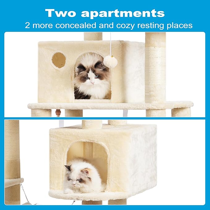 Hey-brother Large Multi-Level Cat Tree Condo Furniture with Sisal-Covered Scratching Posts, 2 Bigger Plush Condos, Perch Hammock for Kittens, Cats and Pets Beige MPJ020M