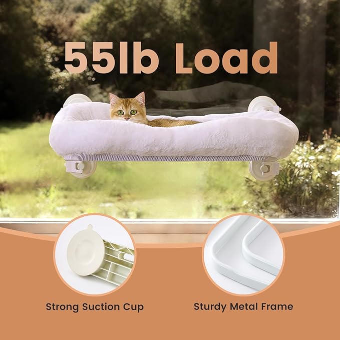 Gardner Pet Cat Window Perch for Large Cats with 4 Suction Cups, 2 in 1 Cat Hammock with Detchable Cushion for 55Lbs Load (White)