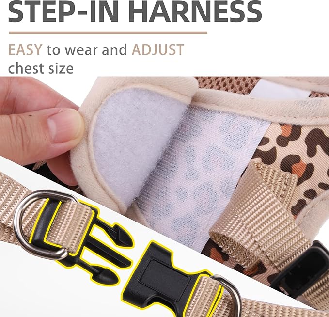 PUPTECK Dog Harness and Leash Set for Small Medium Dogs No Pull Step-in Soft Mesh Puppy Cat Vest Harnesses Reflective at Night, Brown Leopard Print, S