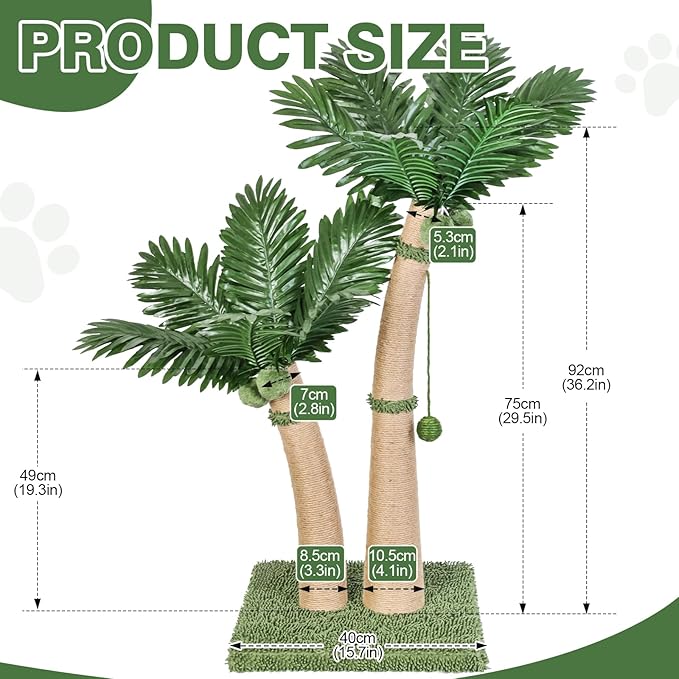 Palm Tree Cat Scratching Post, 36'' Cat Scratcher Post with Natural Sisal Rope, 5 Interactive Balls and 2 Curved Design Scratching Posts for Indoor Cats Adults and Kittens, Multi-Combinable (Style C)