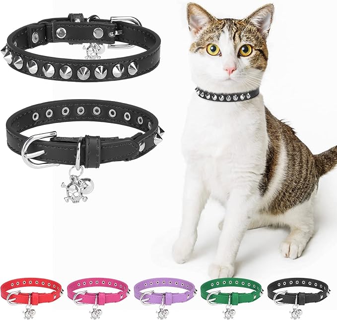 Leather Cat Collars for Boy Girl Cats with Bell and Safety Elastic Belt, Personalized Rivets Stud Adjustable Safe Buckle Collar with Skull Charm for Kitty Small Pets, Black 7"-9"