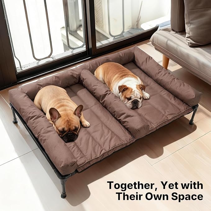 Veehoo Cooling Raised Dog Beds + Waterproof Double Dog Bed Cushion for Two Medium Dogs, Elevated Pet Cot with Removable Bolster Mat, Breathable Mesh, No-Slip Feet, Pets Couch Bed, 49x 33inches, Brown