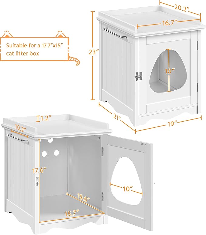 Yaheetech Cat Litter Box Enclosure, Hidden Litter Box Furniture with Side Towel Bar, Wooden Cat Washroom, Storage Cabinet, Indoor Pet House, Side Table Nightstand, White