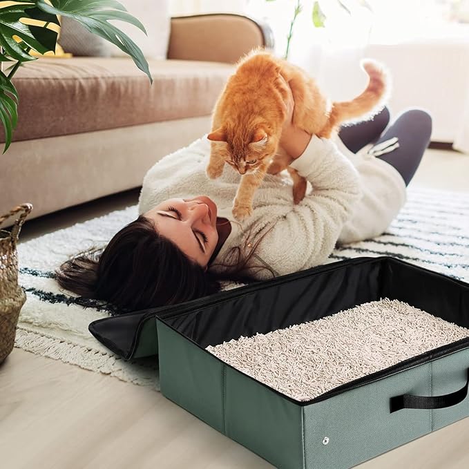 Portable Litter Box for Cats Kitten Foldable Travel Litter Box with Lid, Leak-Proof No Smell Easy to Carry, Clean and Store Easy for Car Travel, Hotle Stays and Road Trip 16x12x4.3 Inches