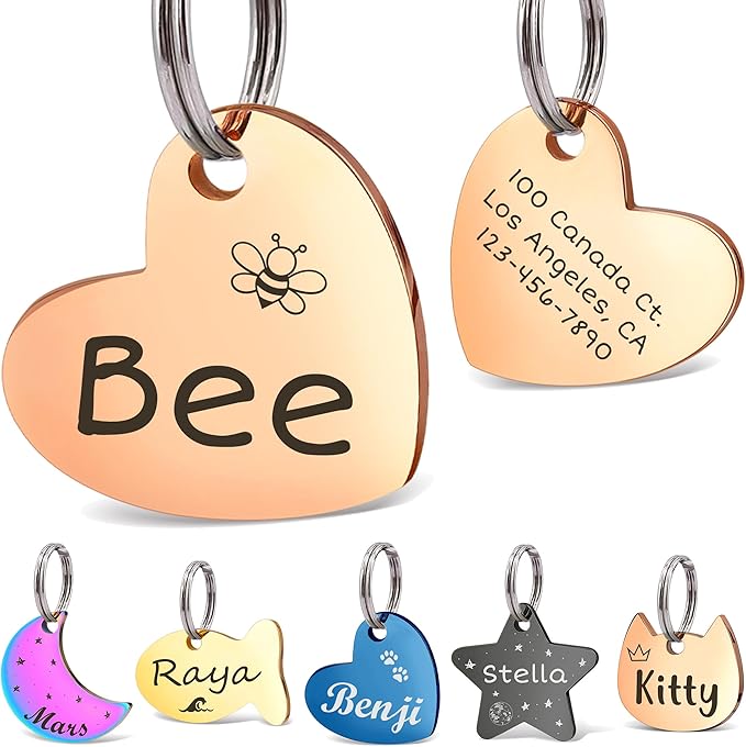 Anavia Small Size Dog Cat ID Tags, Small/XS Personalized Color Plated Stainless Steel Puppy Kitten Name Tags, Customized Engraved Nameplate Pet Collar Tag (Rose Gold, Heart)