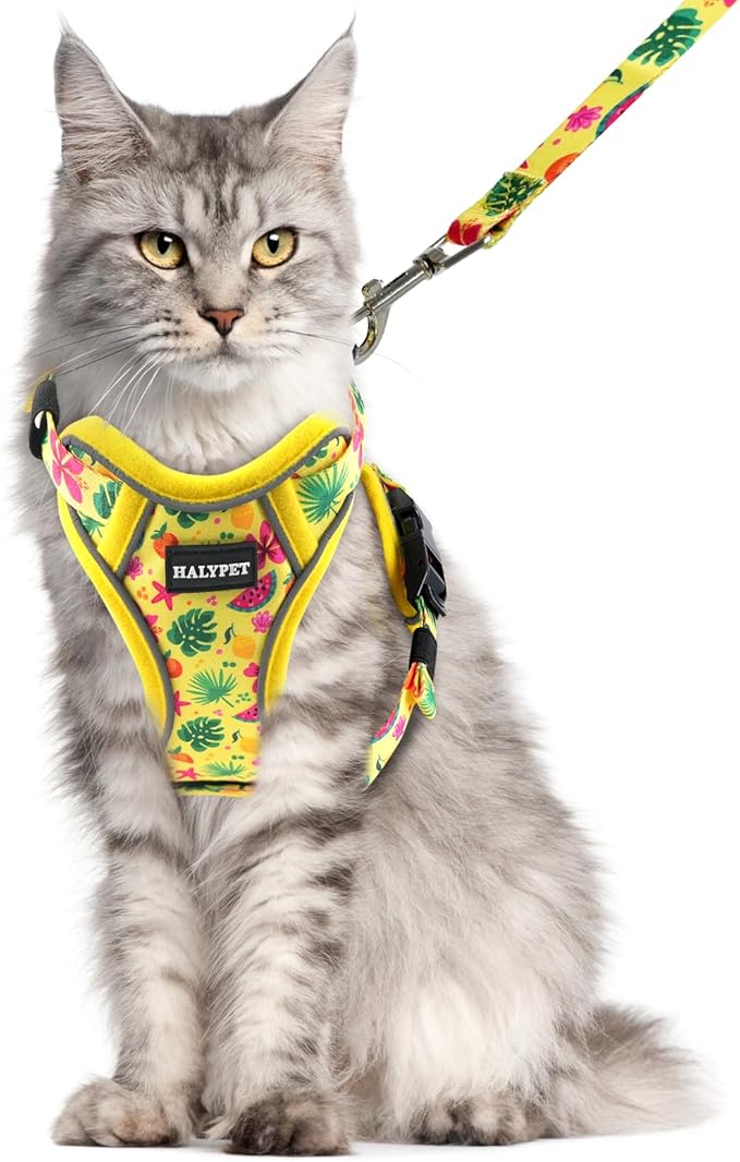 Halypet Cat Harness and Leash Set for Walking, Escape Proof Adjustable Vest Harness with 3-in-1 Integrated Buckles, Easy Control Soft Breathable Mesh with Reflective Strips for Cats, M, Bright Yellow
