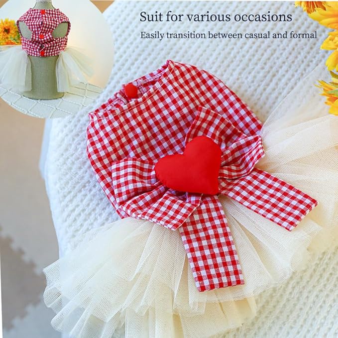 Plaid Small Dog Dress with Leash Ring Valentines Cat Outfit Dog Tutu Princess Holiday Puppy Clothes with Bow Knot and Heart Pet Apparel for Kitten Chihuahua Yorkie (Red, X-Small)