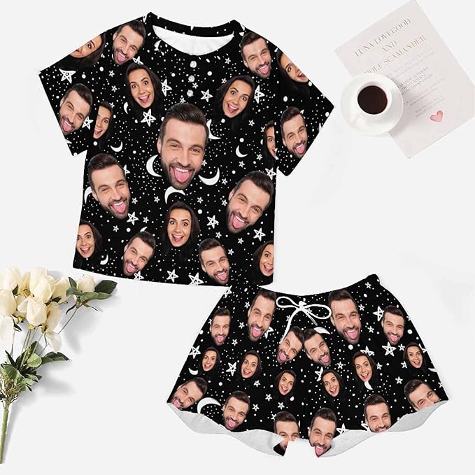 Custom Short Pajamas Set with Face Photo Women‘s Sleepwear Tee Personalized PJ Short Loungewear Set fot Her