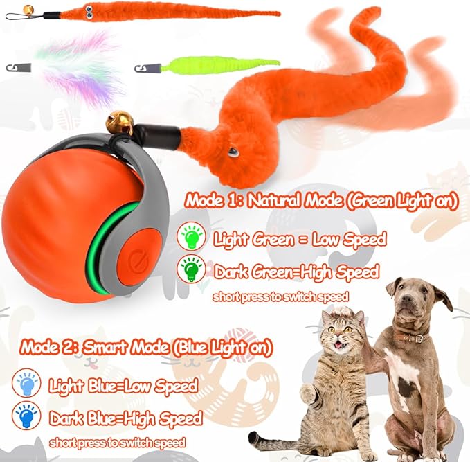 2PCS Interactive Cat Toy Ball with Feather Tails - Speedy Cat Toys for Indoor Cats, Moving Stimulation Smart Cat Toy for Enrichment, Motion Activated Automatic Rolling Toys to Keep Them Busy Orange
