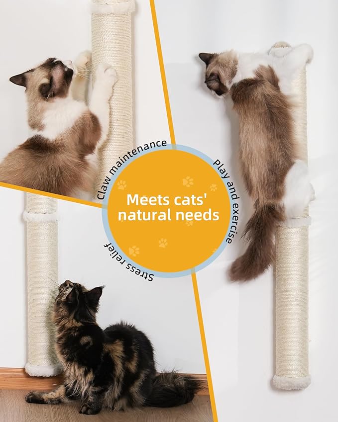 34'' Wall Cat Scratching Post, Wall Mounted Cat Scratcher Furniture for Indoor Active Cats, Tall Sisal Pole for Large Adult Cat Pet Climb Stretch Walk
