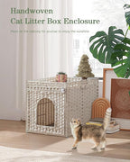 Cat Litter Box Enclosure Furniture, Hidden Litter Box with Mat and Fence, Handwoven Rattan Cat House with Two S-Shaped Hooks for Living Room, Bedroom, 18.5 x 20.5 x 19.1 Inches (White